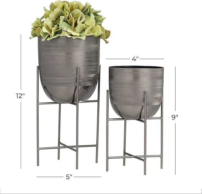 Deco 79 Metal Indoor Outdoor Planter Small Planter Pot with Removable Stand, Set of 2 Planters 12", 9"H, Gray