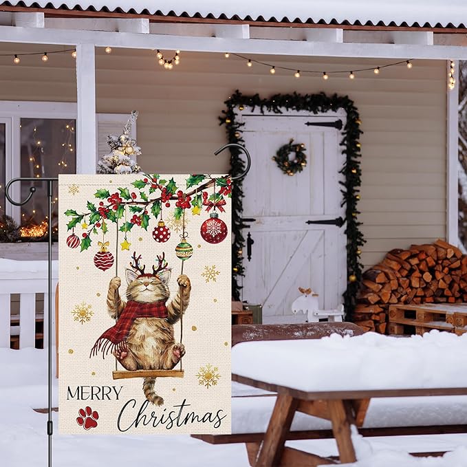 Heyfibro Merry Christmas Cute Cat Swing Garden Flag 12x18 Inch Double Sided Burlap, Retro Christmas Ball Snowflake Yard Banner for Winter Holiday Xmas Seasonal Outdoor Decoration(ONLY FLAG)