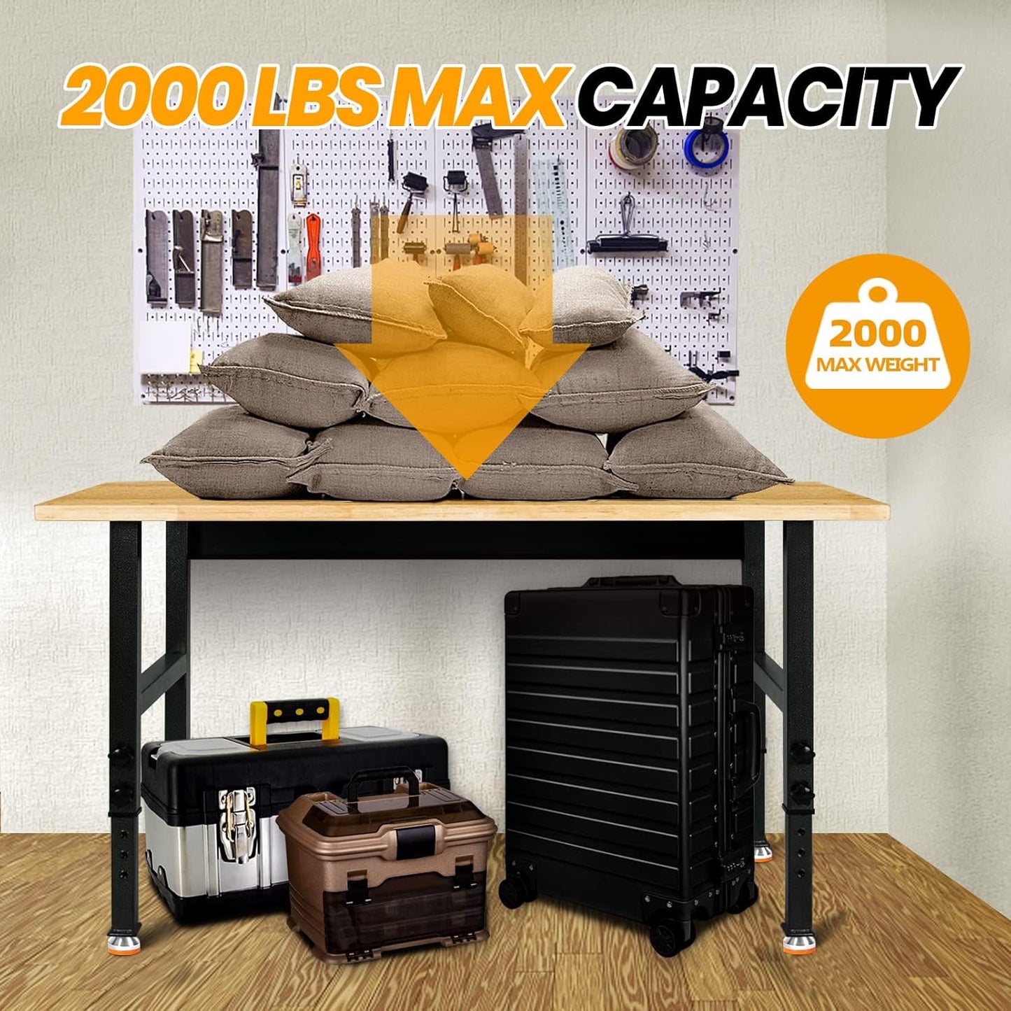 48" Adjustable Work Bench, Rubber Wood Top Workbench Heavy-Duty Work Table, 2000 LBS Load Capacity Hardwood Work Benches for Garage, Workshop, Home, Office, Easy Assembly