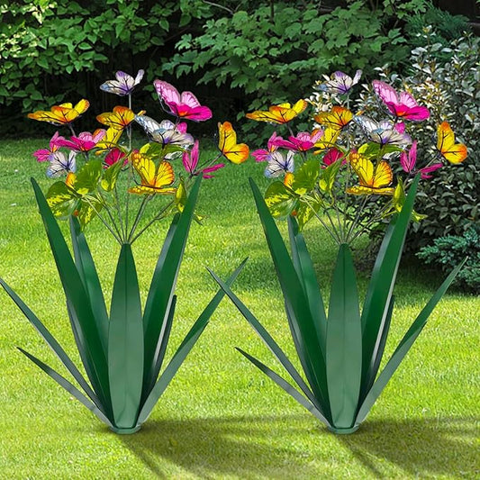 Garden Outdoor Butterfly Enlarge Thickened Wind Resistant Metal Agave Garden Art Metal Plant Country Sculpture Statue Decorations Ornaments Artificial Waterproof Butterflies(Green 2pcs)