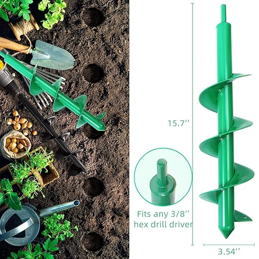 4 Pack Garden Ground Earth Spiral Drill Bit for 3/8" Hex Drive Drill, Auger Drill Bits for Bulbs Planting, Hole Digger Flowers,Bedding Digging Plant Rapid Planter Tool