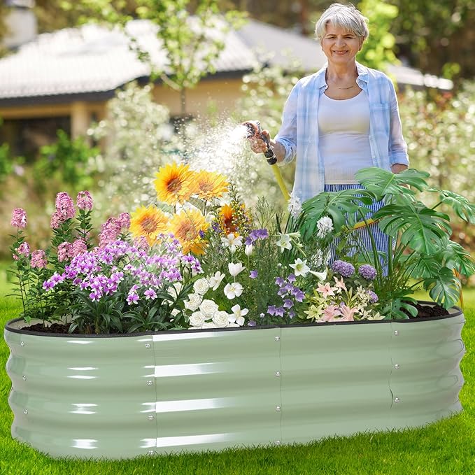Galvanized Raised Garden Bed Outdoor - 4×2×1ft Planter Raised Beds for Gardening | Oval Metal Garden Planter Box with Safety Edging and Gloves for Vegetables Fruits Flowers - AvocadoGreen