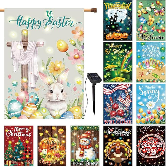 12 Pcs Solar Seasonal LED Garden Flags 28 x 40 Inch Double Sided Yard Flags Spring Easter Halloween Fall Thanksgiving Day Decorations Welcome Garden Flag Lawn Yard Outdoor Holiday Decoration