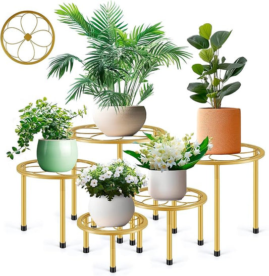5 Pack Metal Plant Stand, Anti-Rust Iron Plant Stands for Indoor and Outdoor, Heavy Duty Flower Pot Stands for Multiple Plant, Black Potted Plant Holder for Garden Home (5 Pack Gold)