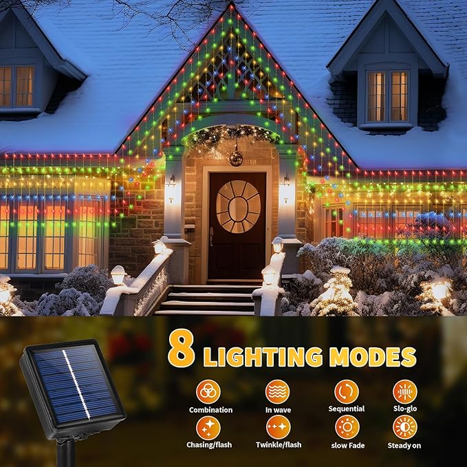 32.8 * 3.28FT Large Size Solar Curtain Lights Outdoor, 8 Modes Icicle Lights, Solar Garden Christmas Decortions for Patio, Gazebo, Eaves, Fence, Tree, Porch (Multicolor)