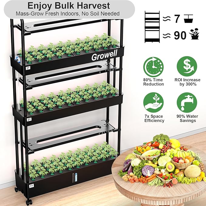 Growell Large Hydroponics Growing System Kit, 90 Pods Vertical Hydroponic Garden with 2 Light Modes Grow Light, Auto Circulating Water System, 40L Indoor Gardening System for Herb Vegetable Fruit