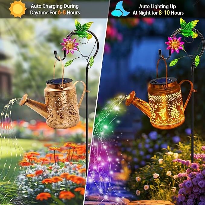 2 Pack Solar Lanterns Outdoor Waterproof,Hummingbird Watering Can Garden Decor,Hanging Solar Path Lights Yard Art,Outside Patio Decorations Gardening Birthday Gifts for Mom Grandma Women (with Hook)
