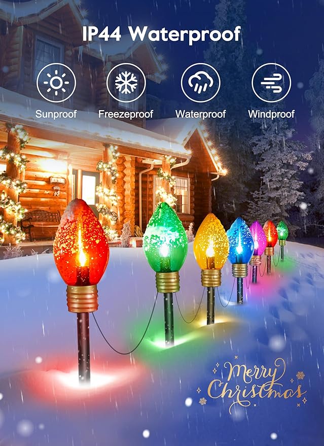 2 Pack Jumbo C9 Christmas Pathway Lights Outdoor Decorations Lawn with Stakes,Tota 17Ft 10 LED String Lights Covered Jumbo Multicolored Walkway Lights Bulb for Holiday Outside Yard Garden Decor