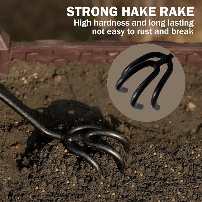 Hand Cultivator Rake, Ergonomic Small Garden Rake with Walnut Handle & 4 Durable Tines, Garden Tools for Weeding, Digging and Cultivating