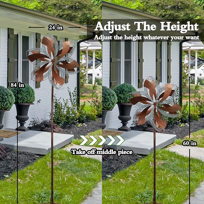 Garden Wind Spinner,Flower Wind Spinner,Outdoor Metal Wind Sculpture & Spinner Large 23 inch Dia 84 inch Height Kinetic Windmill for Garden Yard