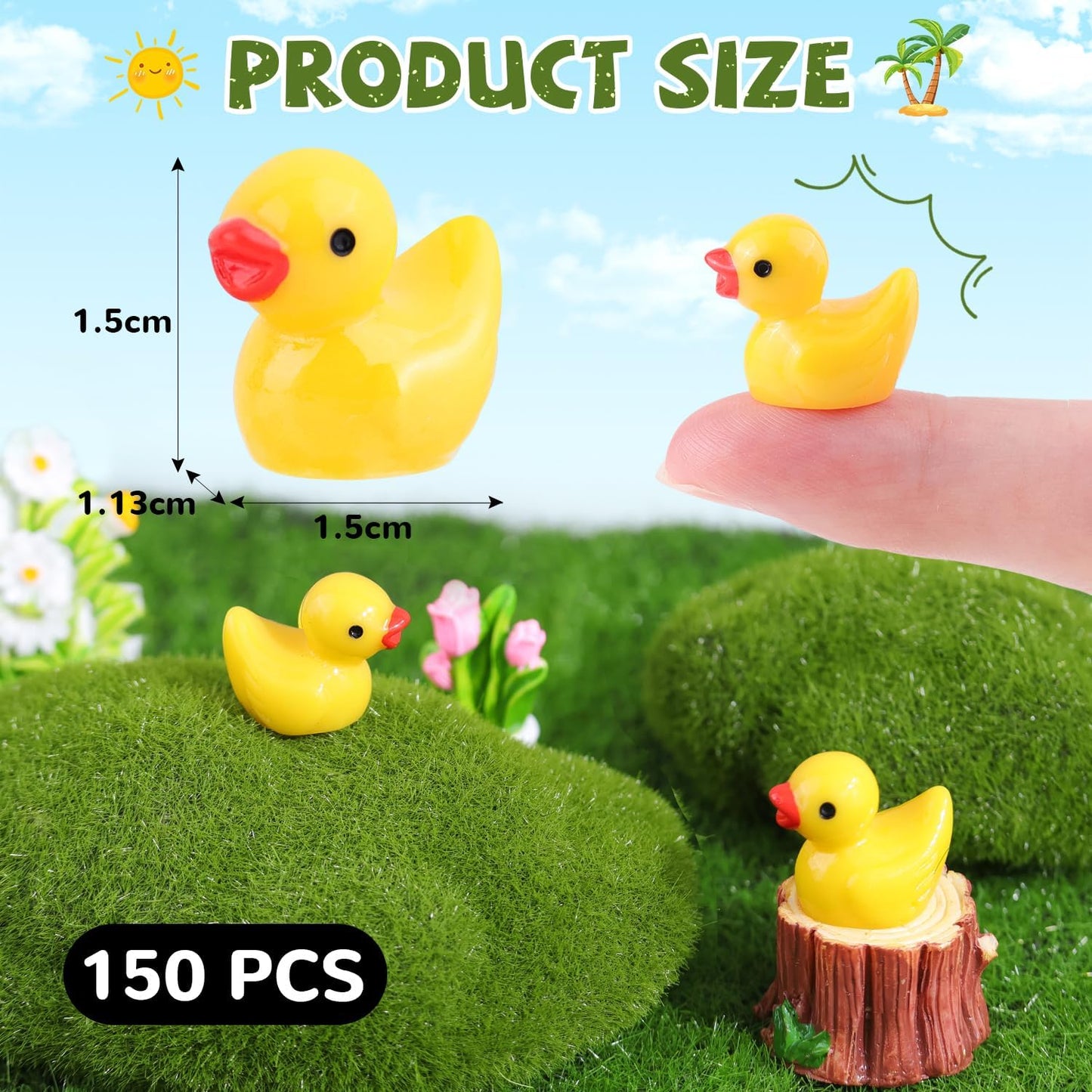 150PCS Mini Resin Animals Cute Yellow Tiny Ducks,Miniature Duck Figures to Hide,Little Animal Toys Small Figurines Bulk for Topper Desk Garden Dollhouse Landscape Aquarium Ornaments DIY Crafts & Decor