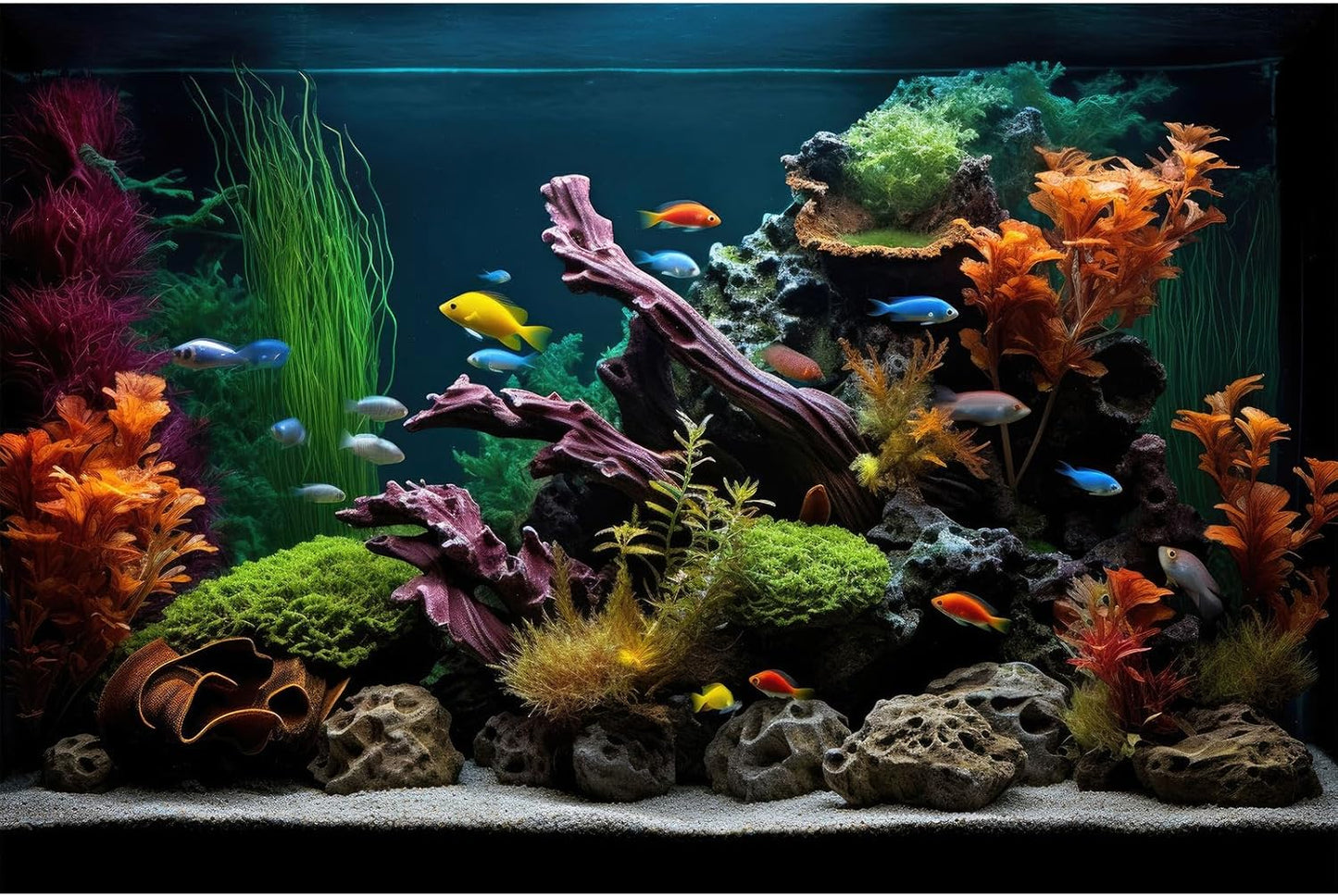 Aquarium Background Lush Aquatic Colorful Plants Terrarium Background Redwood Root Coral Reef Jungle Style Fish Tank Background Amazing Underwater View Aquarium Backdrop Wallpaper Poster Vinyl 36x24in