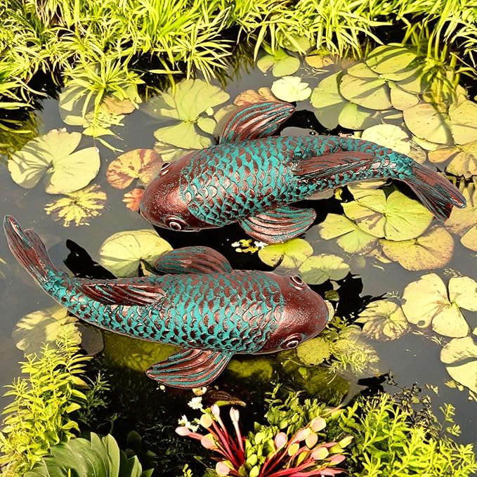 Garden Statues,Koi Fish Decor,Set of 2 Antique Koi Fish Garden Statue,Fish Sculpture Garden for Outdoors,Patio Decor,Backyard and Home Kitchen Decoration,Gardening Gifts for Mom Women Grandma