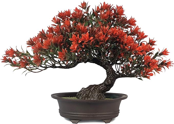 Fake Plants Plastic Artificial Bonsai Tree, Red Bonsai Tree for Home Bedroom Office Desk Farmhouse Room Decor, Tall 9.5"