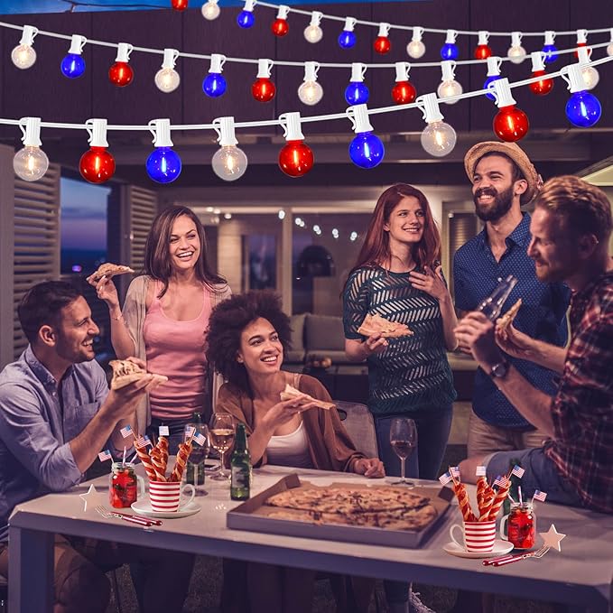 50FT G40 Red White and Blue Lights, 4th of July Decorations Lights Plug in with 50+3 LED Bulbs, Patriotic Decor Indoor Outdoor String Light for Party Patio Garden Bistro Independence Day Memorial Day