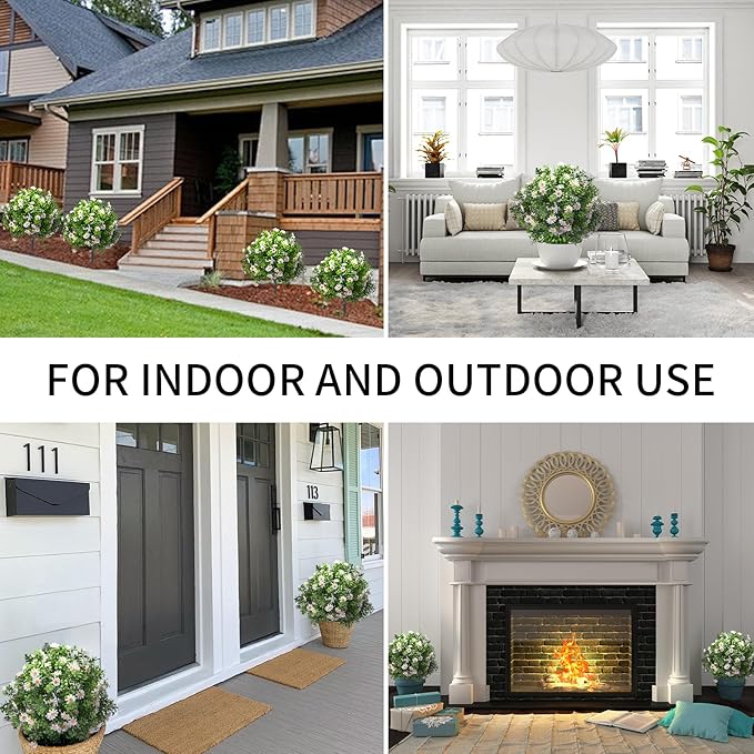 23.6" Artificial Boxwood Topiary Ball Trees with White Flowers, Set of 2 UV Resistant No Fade Outdoor Faux Plants with Ground Spike, Fake Shrubs for Garden, Patio, Porch, Yard, Indoor Decor