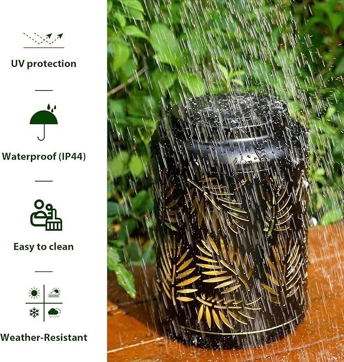 Glitzhome Solar Lantern Black Metal Cutout Leaf Outdoor Hanging Solar Light with Handle for Garden Patio Yard Outdoor Decor