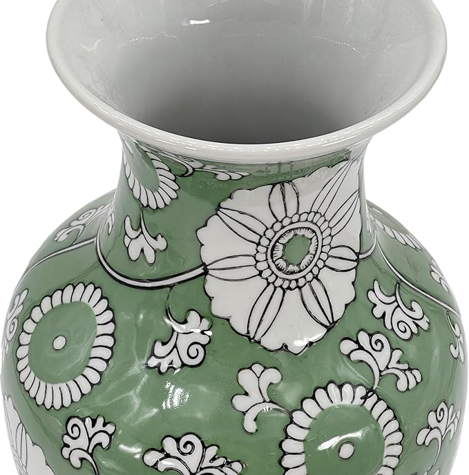 Galt International Floral Chinoiserie Ceramic Vase 14" - Hand Painted Antique Style Porcelain Flower Bottle Fishtail Porcelain Chinese Vase for Home Decor Centerpiece