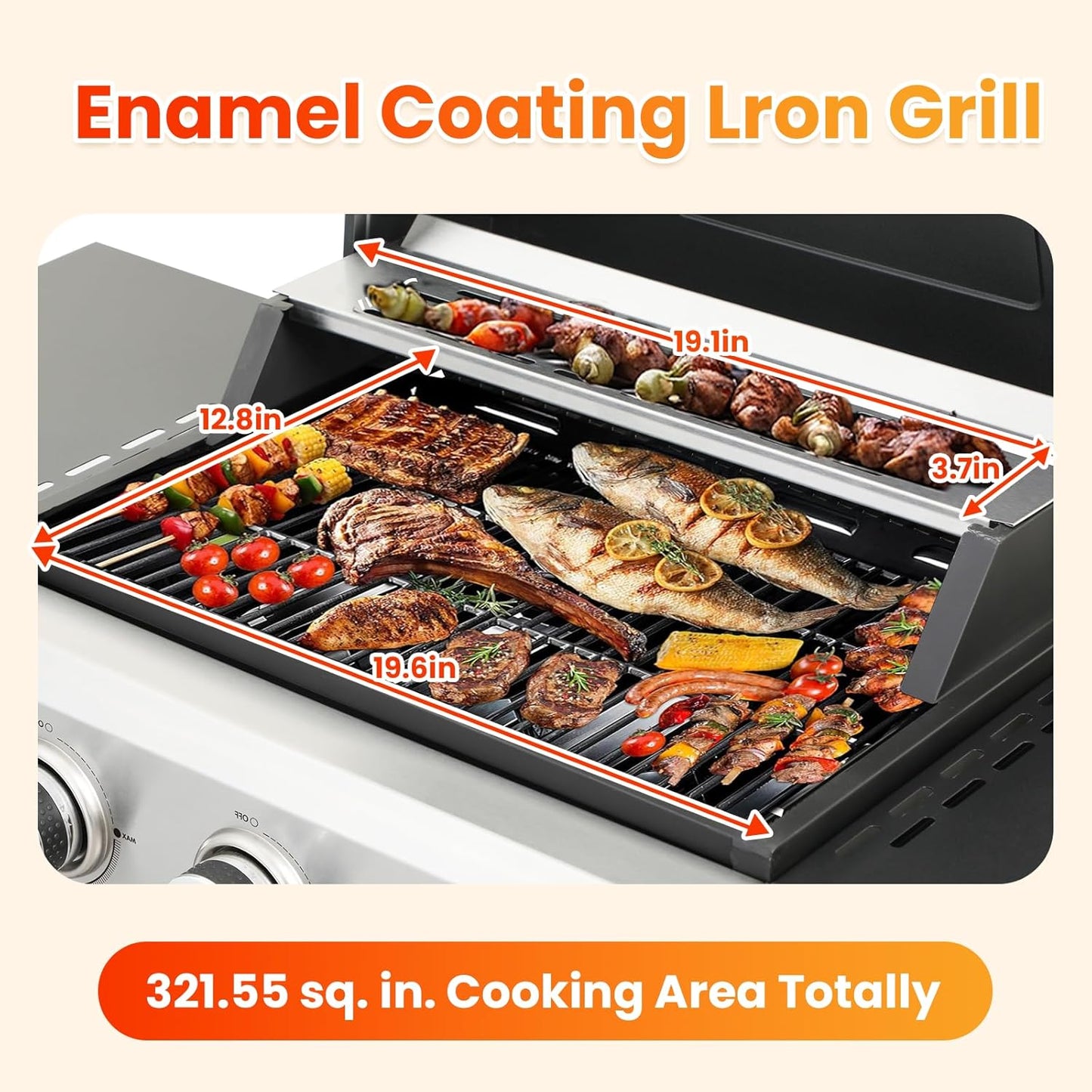 3-Burner Propane Gas BBQ Grill with Porcelain-Enameled Cast Iron Grates and 2 Foldable Side Table, 25,650 BTU Stainless Steel Grill for Outdoor Camping Barbecue Grilling Backyard Cooking - Silver