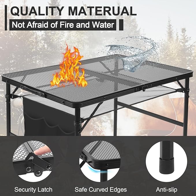 Folding Grill 3x2 FT Portable Camping Table, Lightweight Height Adjustable Metal Picnic Outdoor Table with Mesh Desktop and Mesh Bag, Beach and BBQ, Party