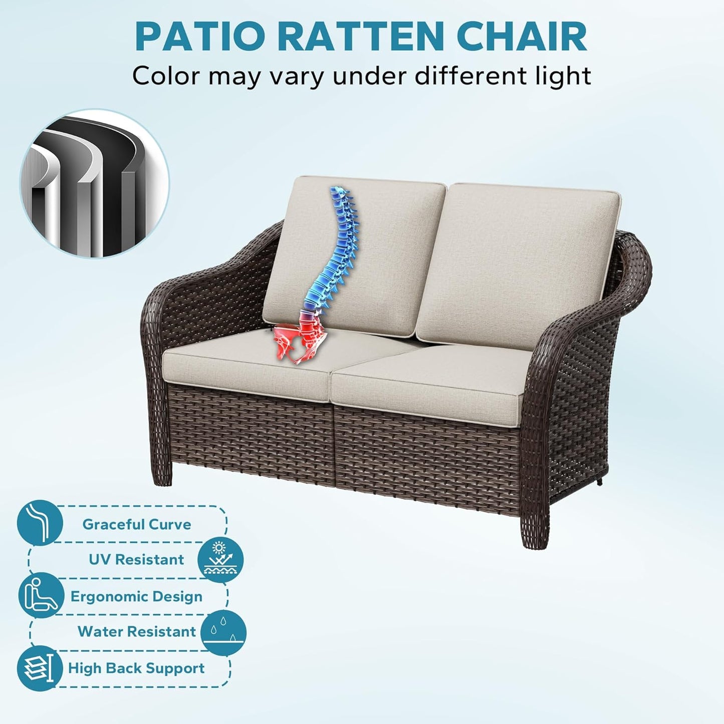 4 Pieces Outdoor Conversation Furniture Set, 55" Patio Couch，47" Metal Coffee Table, 2 Chairs, Rattan Wicker Sofa with Removable Cushions for Bistro, Deck (Beige)