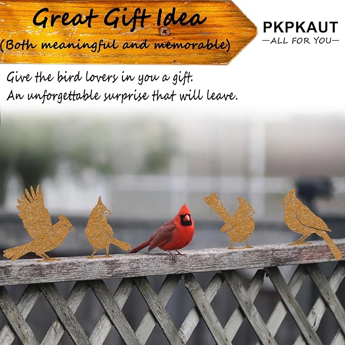 5Pcs Metal Birds Cardinal Craft Statue Ornaments Fence Topper Decor, Rusty Birds Metal Art for Fence Decorations Outdoor, Metal Bird Silhouette with Rusty Yard Art
