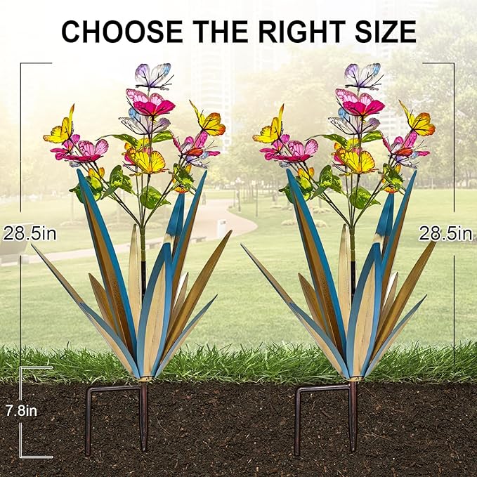 Garden Outdoor Butterfly Enlarge Thickened Wind Resistant Metal Agave Garden Art Metal Plant Country Sculpture Statue Decorations Ornaments Artificial Waterproof Butterflies(Blue 2pcs)