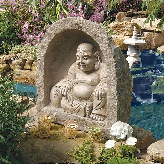 Design Toscano Great Sanctuary Grotto Asian Man Garden Niche Statue, 20 inches wide, 19 inches tall, Cast Stone Resin, Sandstone Finish
