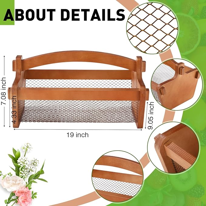 Garden Harvest Basket Mesh Storage with Handle Versatile Gardening Fruits Vegetables Gathering Basket Garden Supply Gardener Gift Spring for Washing Holding(Brown,19in)