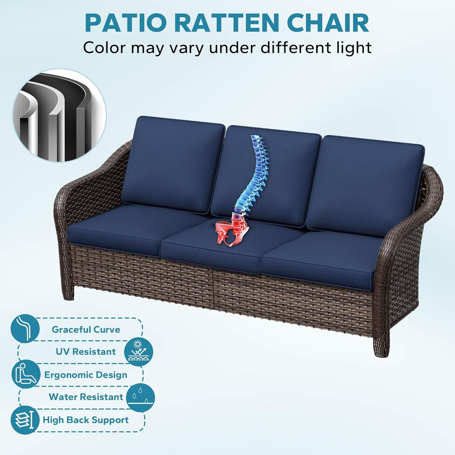 3 Pieces Outdoor Patio Conversation Set, 78" Couch, 2 Chairs, Rattan Wicker Conversation Furniture with Removable Cushions for Bistro, Deck (Navy Blue)