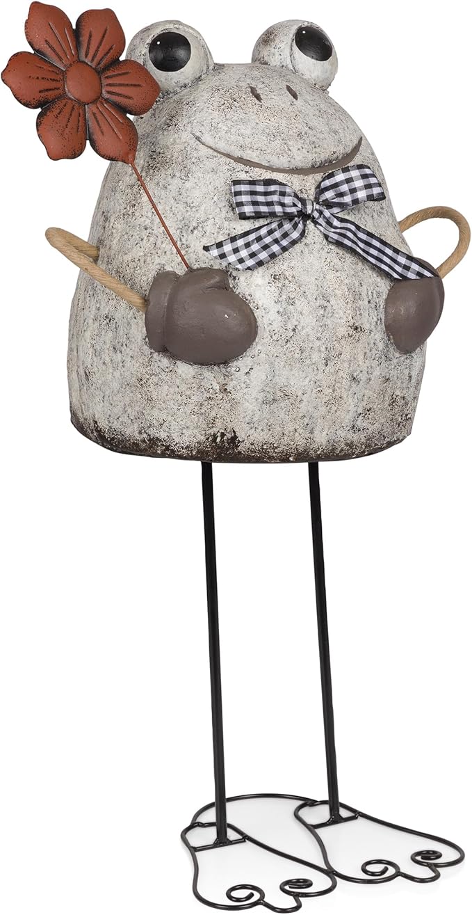 Alpine Corporation MCC860 Indoor/Outdoor Frog with Flower Garden Statue, Stone Finish Frog Statue for Yard, 24" H, Silver