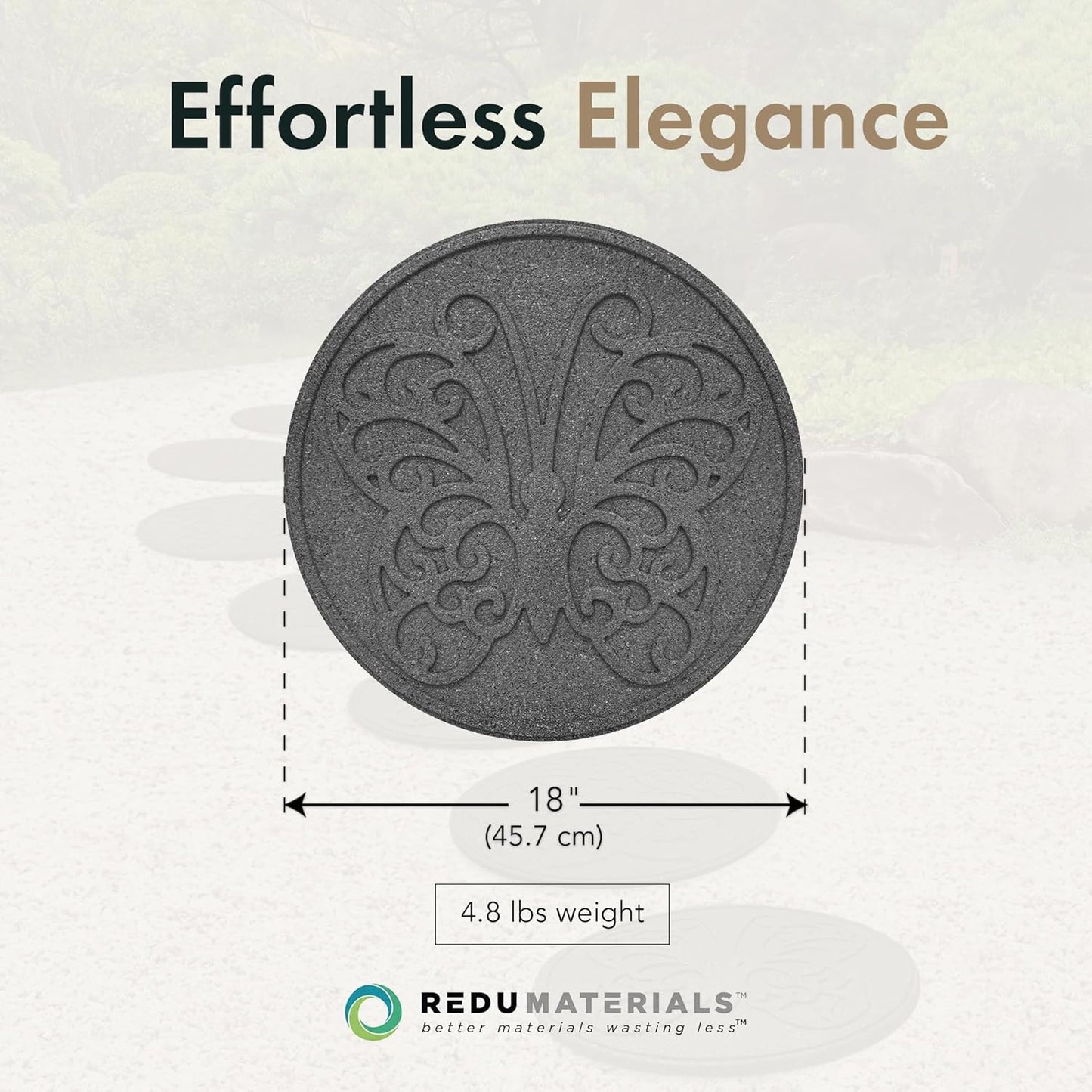 Garden Central 4-Pack 18”x18” Fake Butterfly Rubber Stepping Stones, Round, Grey – Reversible Non-Slip Outdoor Faux Decorative Set for Landscaping – DIY Decor for Walkways & Yard Pathways