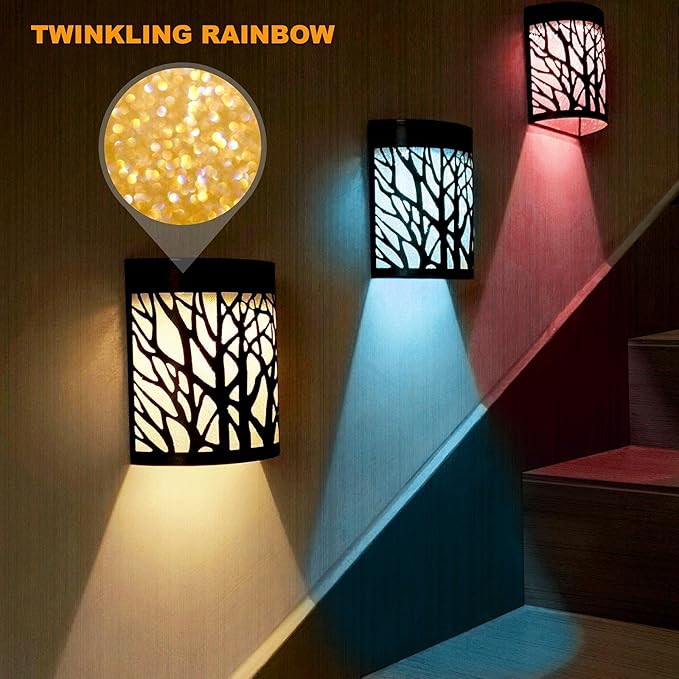 DenicMic Solar Wall Lights Outdoor Wall Sconce Fence Lighting for Patio Front Door Yard Deck Stair Led Forest Decorative Lamps, Waterproof, Warm White/Color Changing (4 Pack)