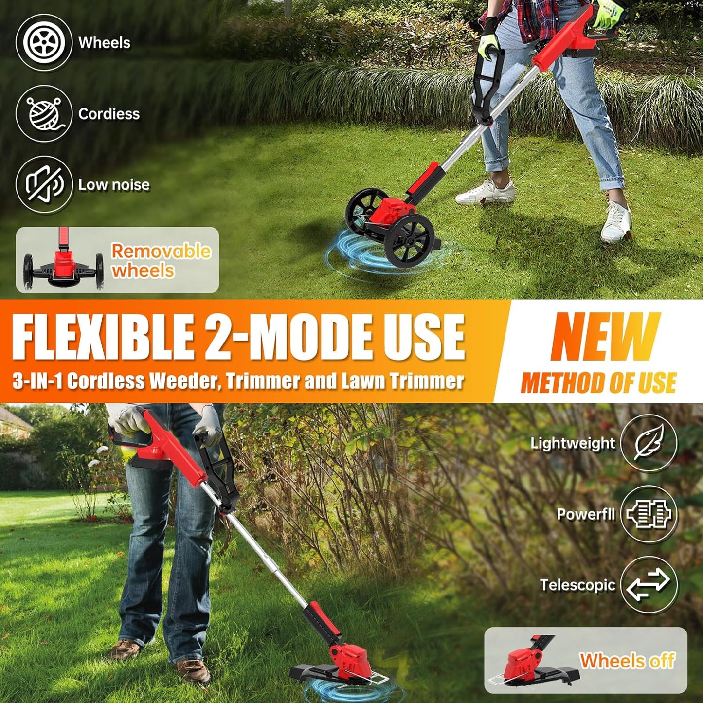 Electric Weed Wacker Eater Cordless Grass Trimmer Battery Powered with 2 Battery&25 Pcs Blades, 3 in 1 21V/2.0Ah Lightweight Portable String Trimmers/Edger Lawn Mower/Brush Cutter for Yard Garden