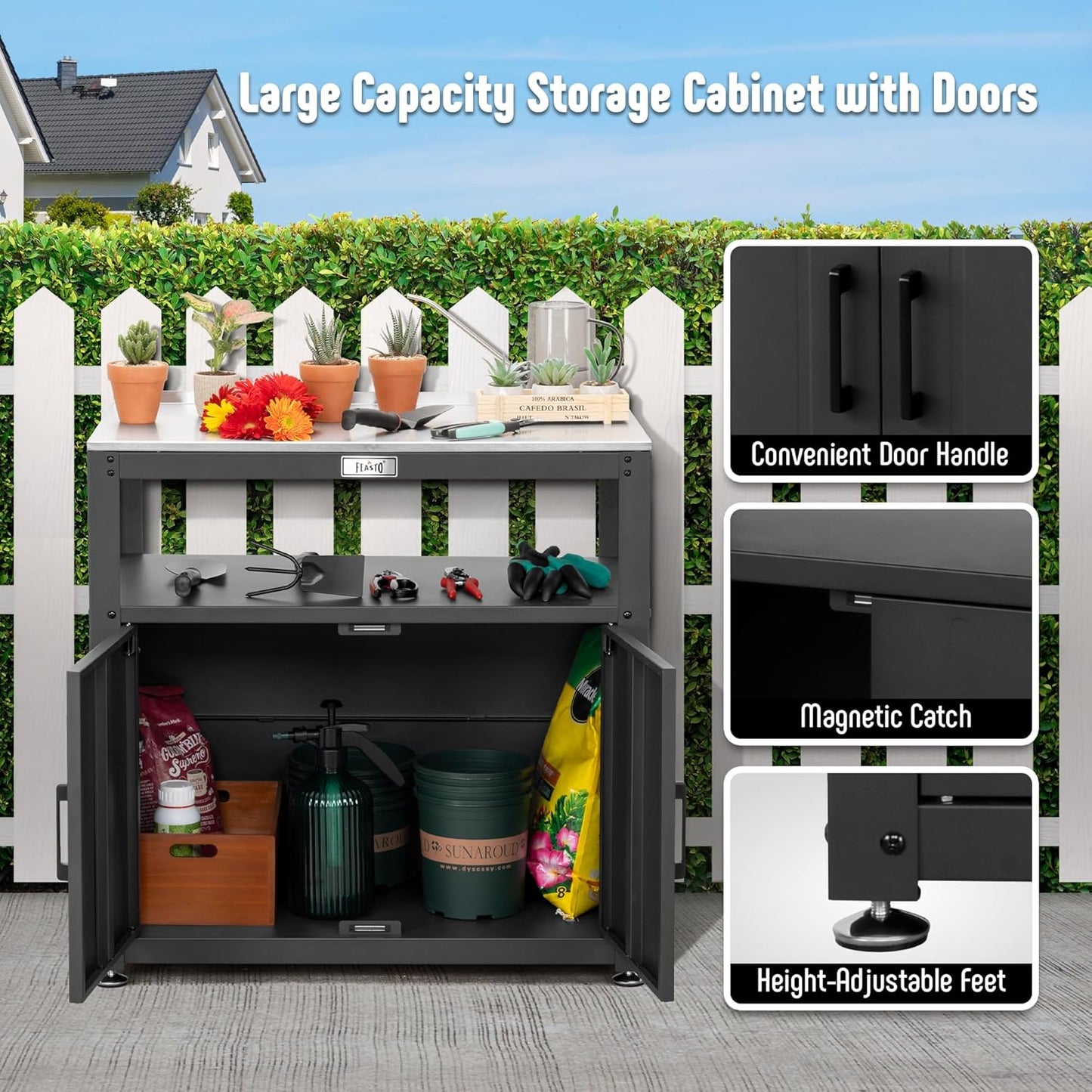 Garden Potting Bench with Storage Cabinet,Outdoor Gardening Table & Work Bench for Plants, Horticulture,Outdoor Workstation with Stainless Steel Tabletop,Outdoor Work Table