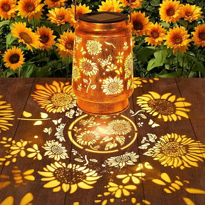 2 Pack Solar Lanterns Outdoor Garden Decor with Shepherd Hook, Gardening Gifts for Mom Grandma Women Sunflower Metal Decor Lantern Waterproof Solar Lights LED Decorative for Garden Yard Patio