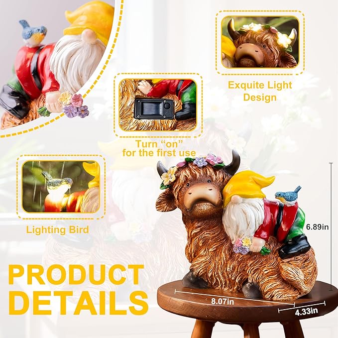 Garden Gnome Statue - Highland Cow with Solar Flower LED Lights and Bird - Funny Outdoor Decor for Table, Patio, Lawn - Unique Birthday Gifts for Mom, Women, and Christmas Decorations