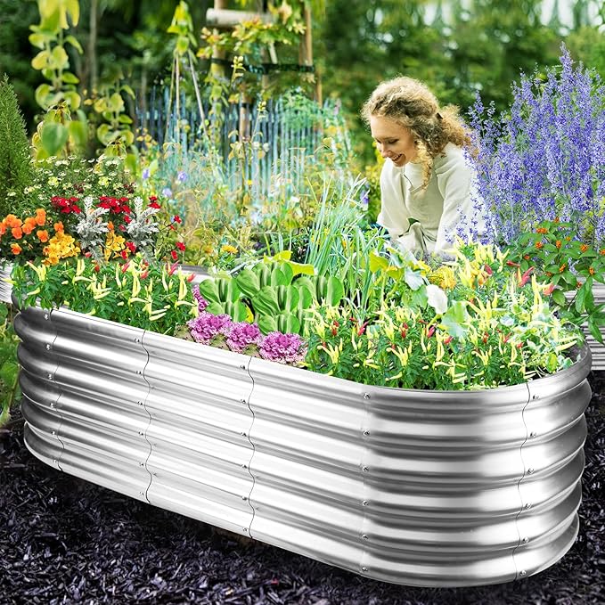 17" Tall Outdoor Garden Raised Garden Bed Kits, 5ft X 2ft Oval,0.8MM Thick Metal Raised Planter Bed/Ground Planter Box for Variety of Flowers,Herbs,Vegetables (Silver, 60X24X16.5 Inches)