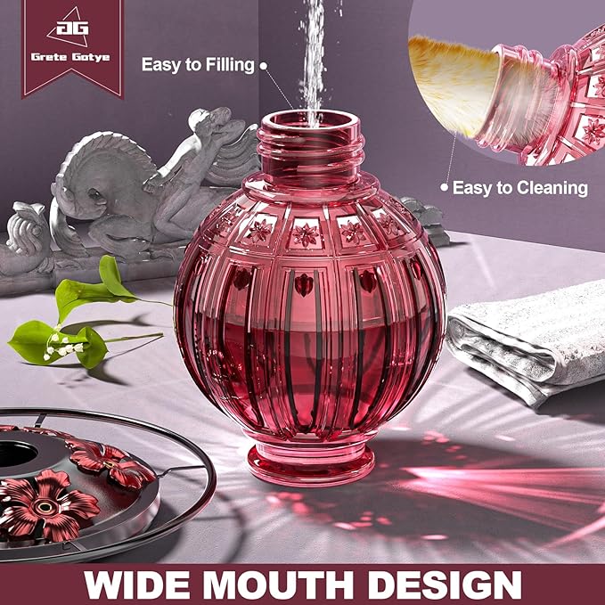 2 Pack Glass Hummingbird Feeder for Outdoors Hanging, Bird Nectar Feeder with Perch & 5 Flower Feeding Ports, 26 Oz Leak Proof for Outside Garden Decor Backyard, Gifts for Women Mom, Red & Pink