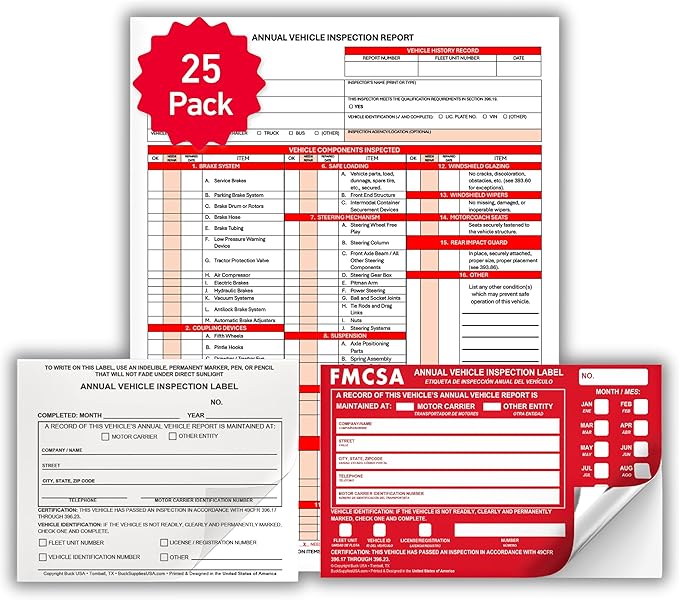 25 Pack 3-Ply Carbonless Annual Vehicle Inspection Report Forms with FMCSA Red Aluminum Labels & White Mylar Laminate Vinyl Labels, DOT Inspection Forms and Stickers, Shrink-Wrapped, 8.5" x 11.75"