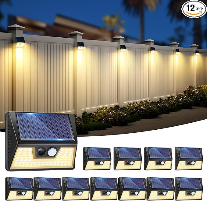 12 Pack Solar Fence Lights, Motion Sensor Deck & Wall Lights - Warm White LED, Wireless, Waterproof, Outdoor for Yard, Steps & Garden - Black