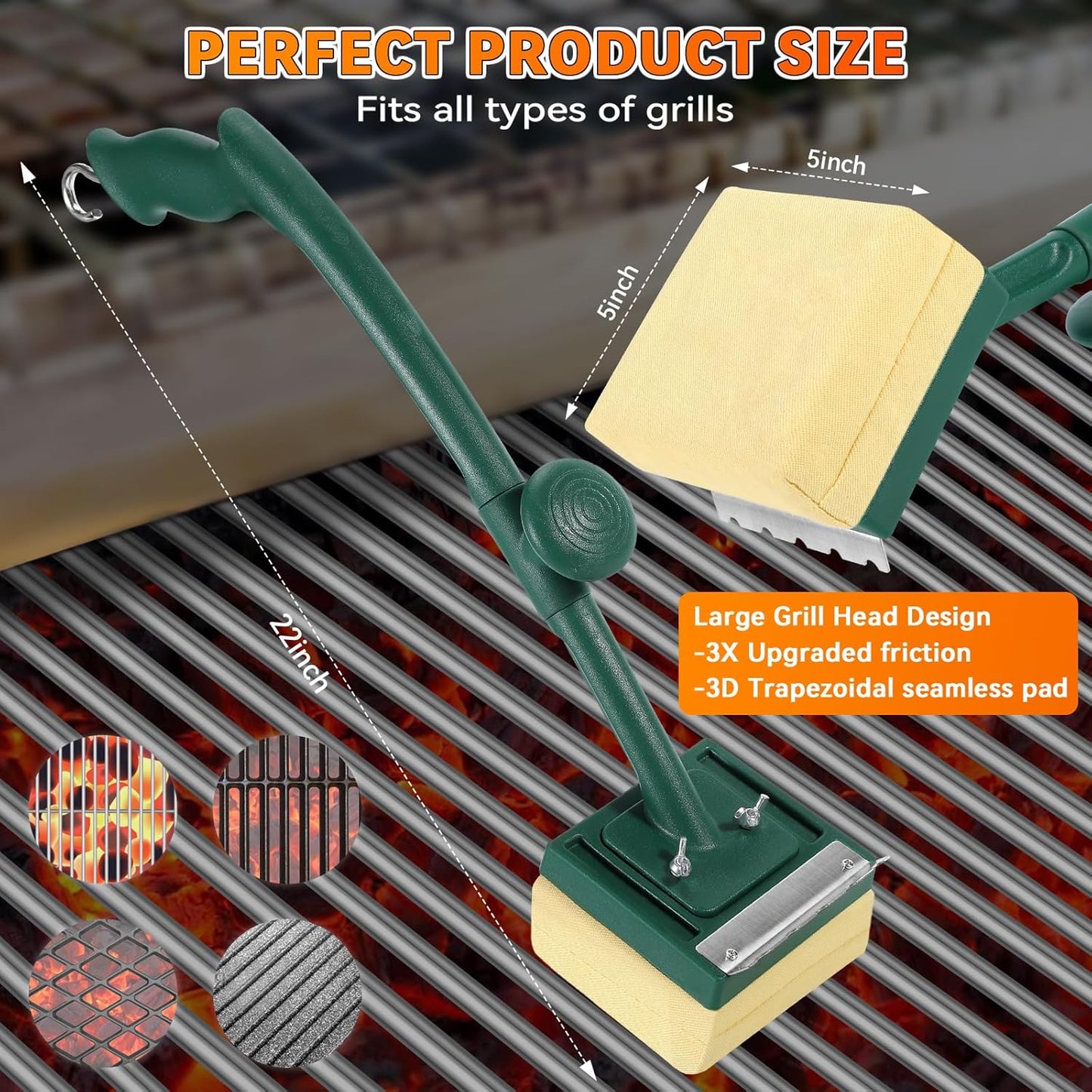 Grill Brush Bristle Free with Scraper,22" Extra Long Steam Grill Brush for Outdoor Grill,Replaceable Cleaning Head,Safe Grill Cleaner for Cast Iron/Stainless-Steel Grates,Ideal BBQ Gifts for Men Dad