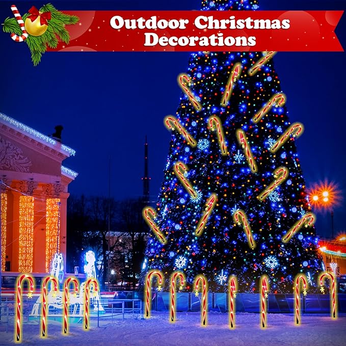 12Pack Christmas Candy Cane Lights Outdoor Decorations Solar Pathway Lights with Snowflake for Yard Waterproof Street Driveway Markers Lawn Walkway Garden Indoor Decor 2in1 Solar Powered