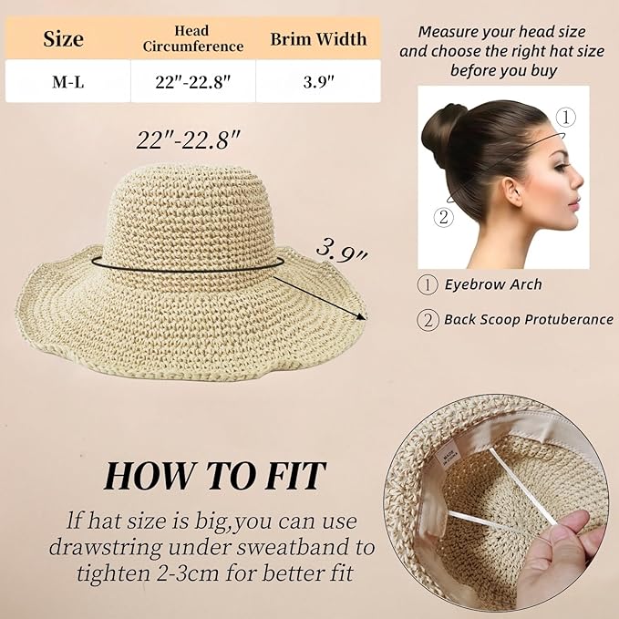 Floppy Big Beach Straw Hats for Women Foldable Summer Wide Brim Packable Sun Hat Womens Travel Straw Fedora Hat