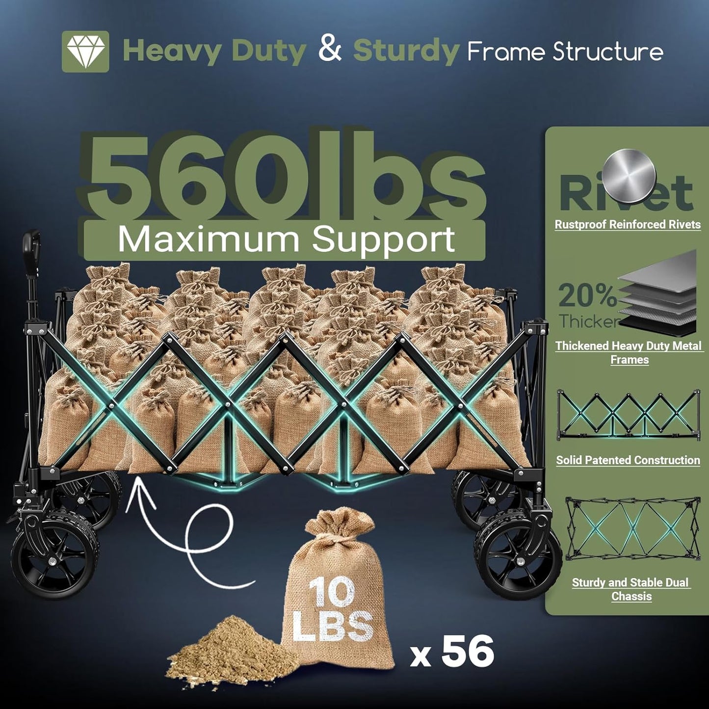 300L Extra Large Wagons Carts Foldable, 560LBS Heavy Duty Collapsible Beach Wagon 48" Long with Big All-Terrain Wheels, Utility Folding Cart for Camping, Grocery, Sports, Garden, Grey