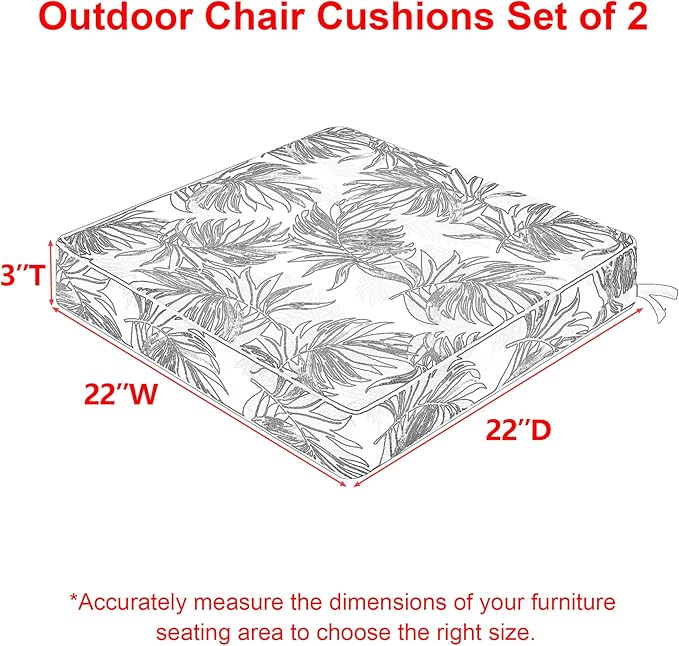 Favoyard Outdoor Chair Cushion 22 x 22 x 3 In Waterproof Pattern Fade Resistant Cushions for Patio Furniture with Removable Cover Attach Straps 28D Foam Insert Cushions Pads for Seat Sofa Couch 2 Pack