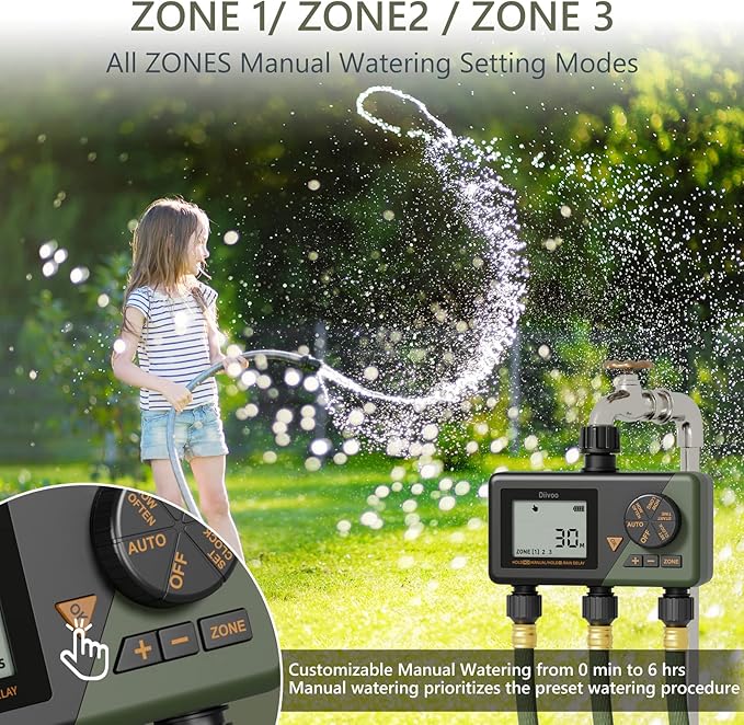 Diivoo Sprinkler Timer 3 Zone, Water Hose Timer 3 Outlet for Garden, Programmable Automatic Irrigation Timer with Rain Delay and Manual/Auto Mode Watering IP54 for Lawn, Yard, Pool