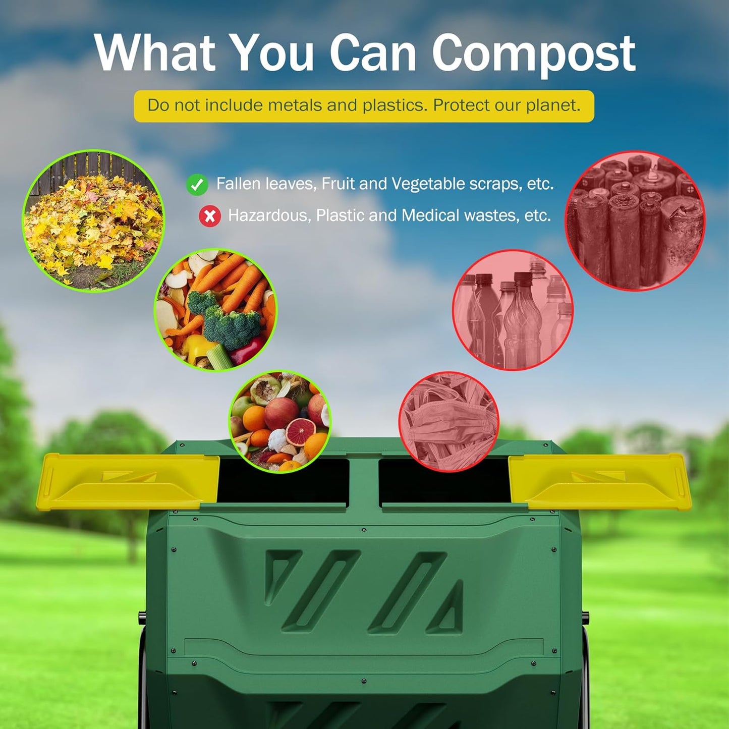 F2C Compost Bin Outdoor Dual Chamber Tumbling Composter 43 Gallon BPA Free Large Tumbler Composters Tumbling or Rotating w/Sliding Doors & Solid Steel Frame Garden Yard Black