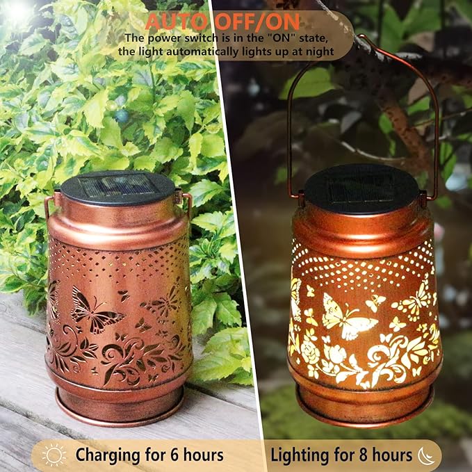 2 Pack Solar Butterfly Lanterns Outdoor Hanging Decor Lantern,Waterproof Hollow Out Retro Metal Decorative Garden Light,Graceful Decoration for Patio,Yard,Landscape,Festival