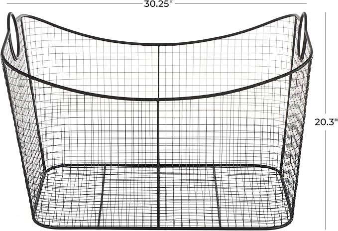 Deco 79 Metal Large Open Frame Wire Grid Storage Basket with Curved Sides and Ring Handles, 30" x 20" x 20", Black